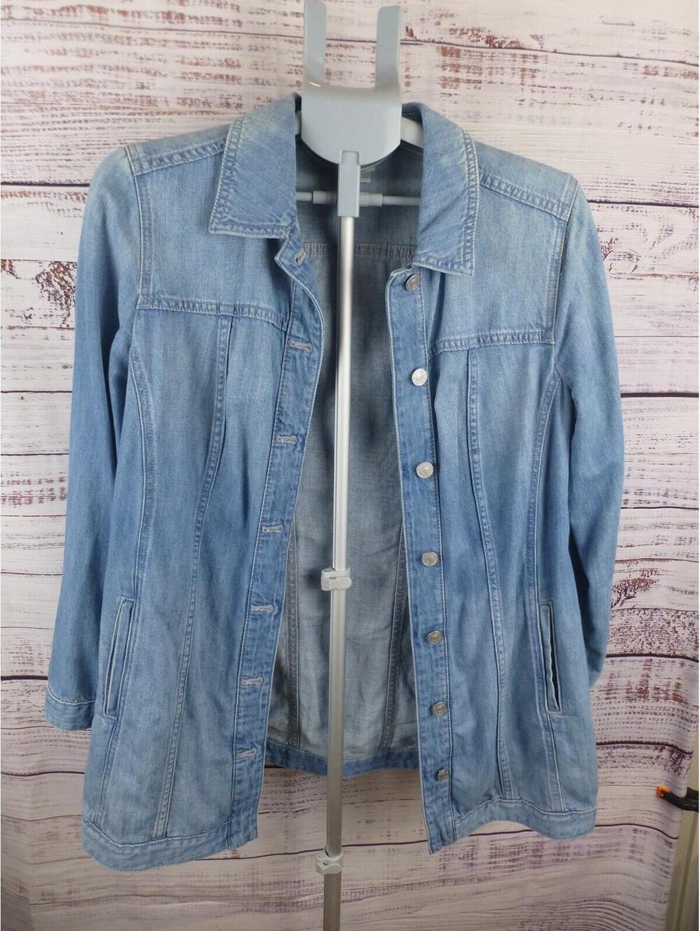 Chico's Women's Blue Denim Jean Jacket Cotton Linen Blend Button Med 8 - G3A